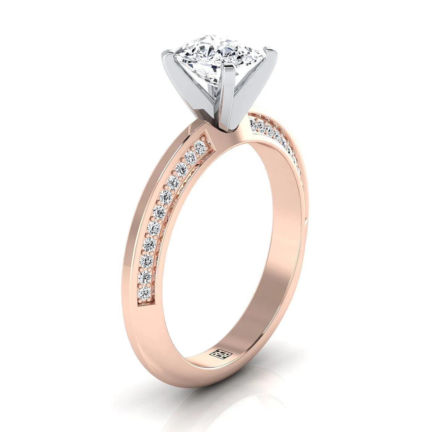 14K Rose Gold Cushion Diamond Knife Edge Micropave Engagement Ring -1/5ctw