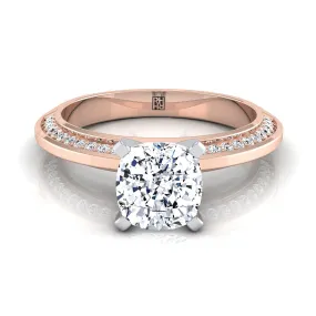 14K Rose Gold Cushion Diamond Knife Edge Micropave Engagement Ring -1/5ctw