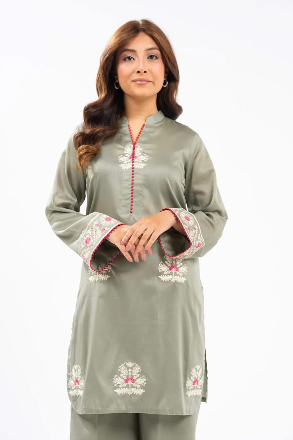 2 Piece embroidered  Cambric Suit with Dyed Trouser