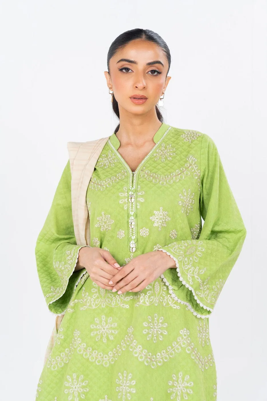 3 Pc Dyed Embroidered Dobby Suit With Yarn dyed Dupatta