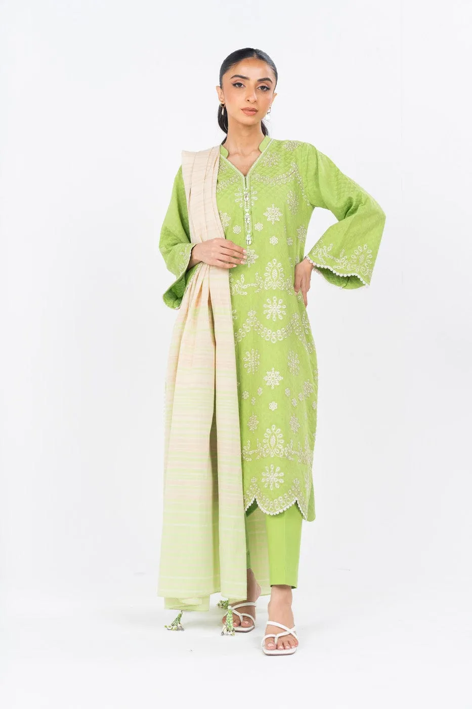 3 Pc Dyed Embroidered Dobby Suit With Yarn dyed Dupatta