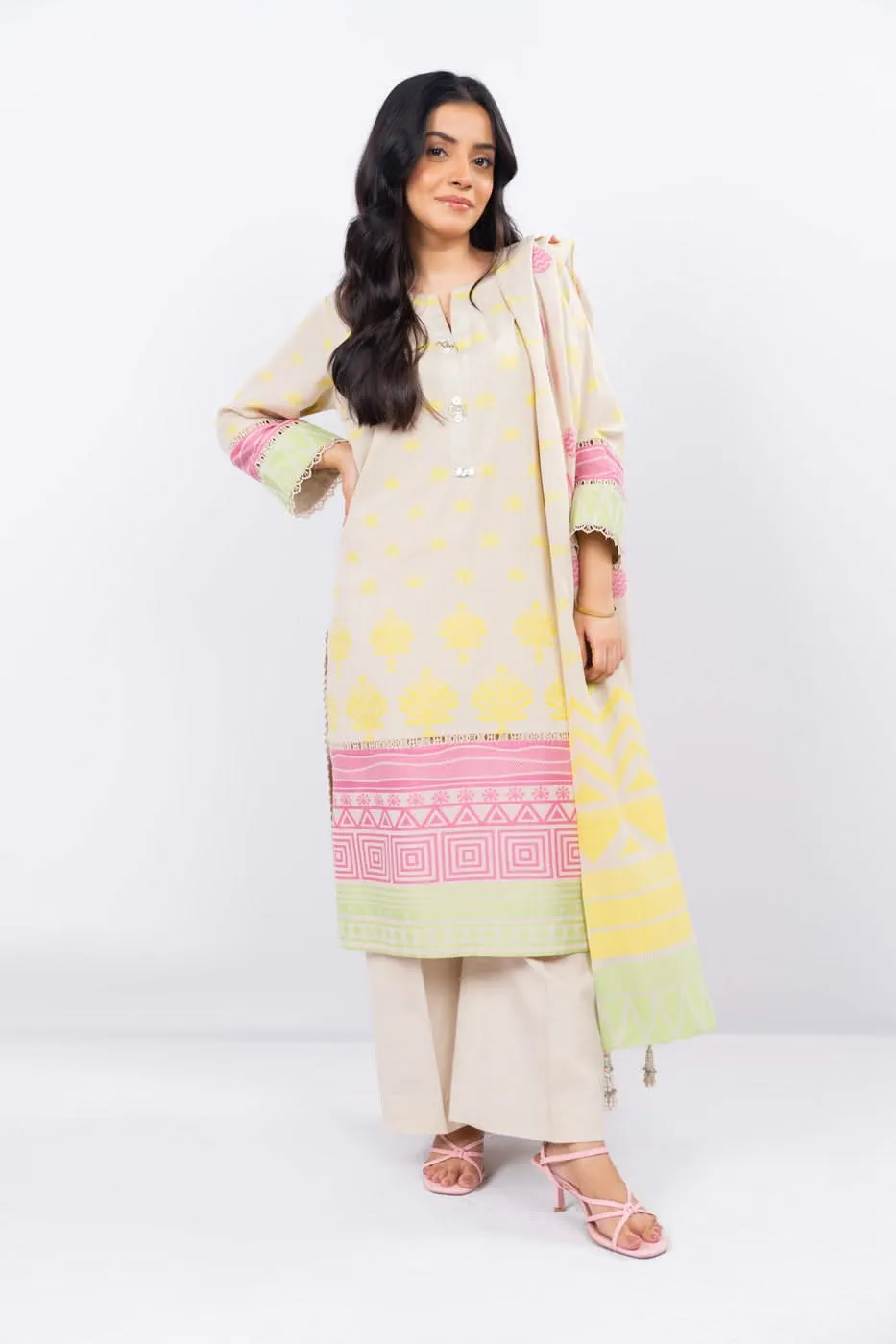 3 Pc Dyed Jacquard Suit With Dyed Jacquard Dupatta