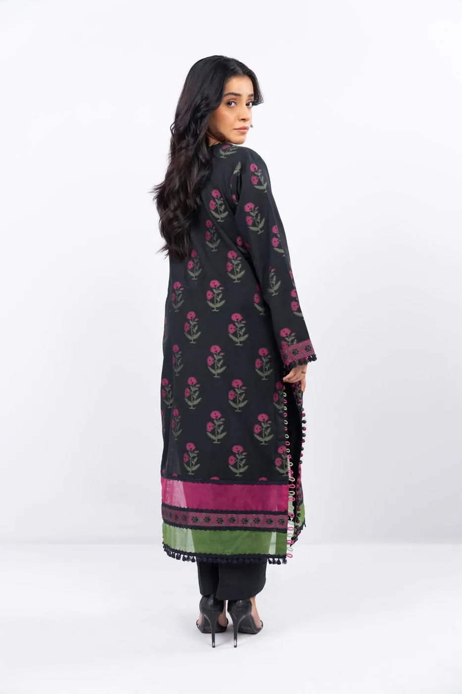 3 Pc Dyed Jacquard Suit With Printed Masoori Dupatta