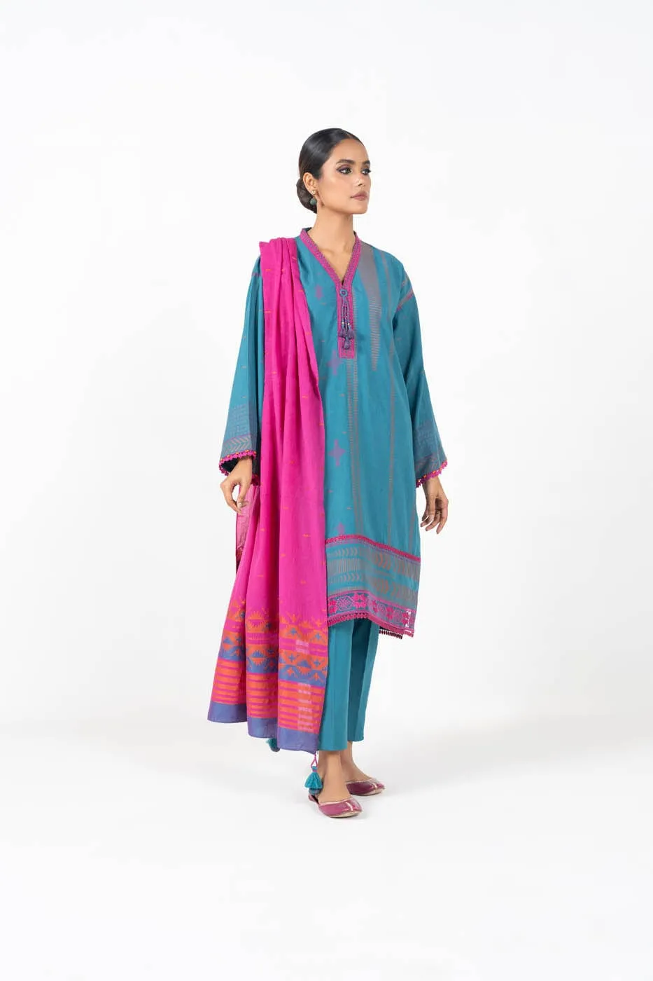 3 Pc Embroidered Jacquard Suit With Jacquard Dupatta