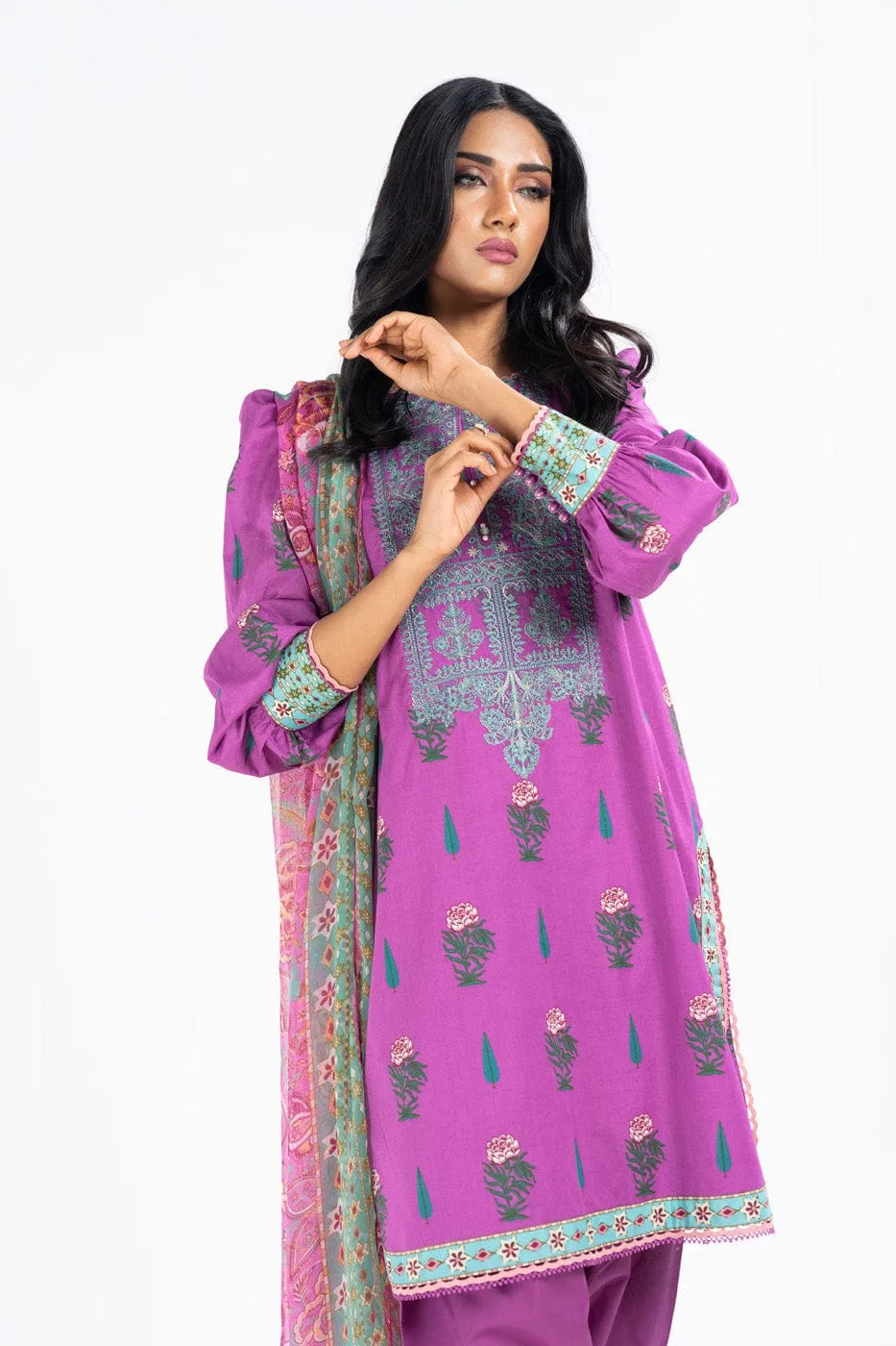 3 Pc Embroidered Lawn Suit With Poly Chiffon Dupatta