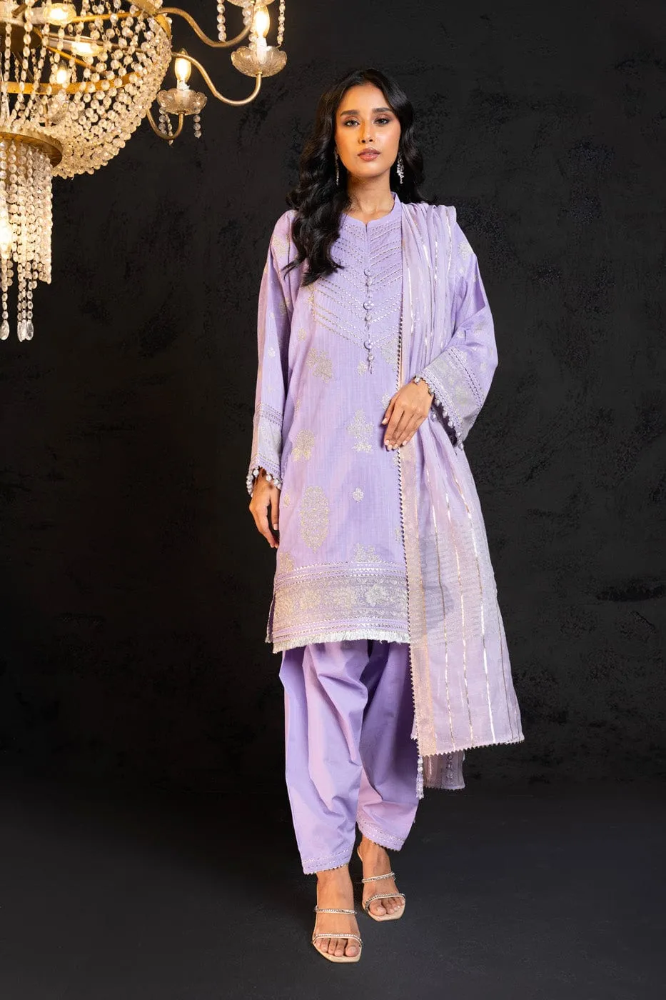 3 Pc Embroidered Two Way Slub Suit With Yarn Dyed Dupatta