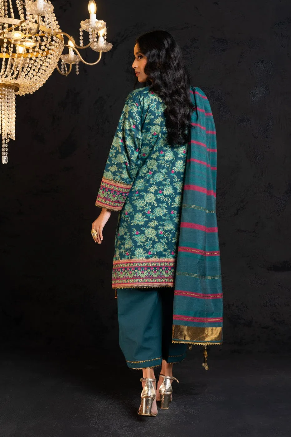 3 Pc Embroidered Two Way Slub Suit With Yarn Dyed Dupatta