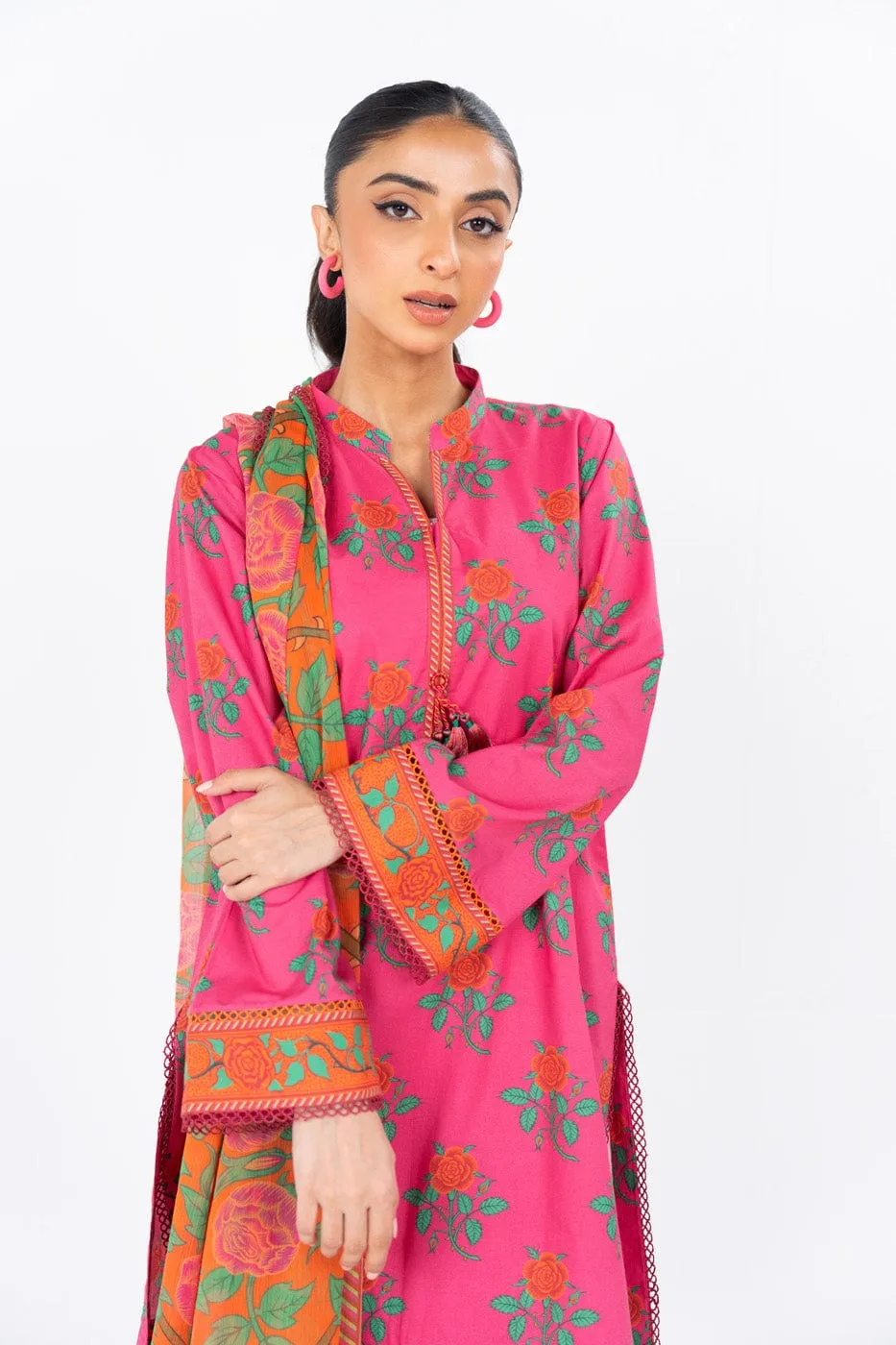 3 Pc Printed Cambric Suit With Printed Poly Chiffon Dupatta