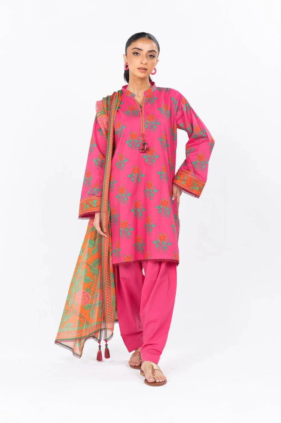 3 Pc Printed Cambric Suit With Printed Poly Chiffon Dupatta