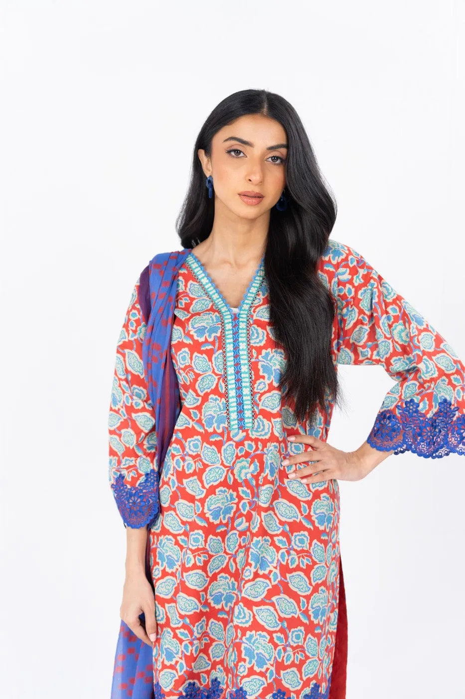 3 Pc Printed Embroidered Cambric Suit With Printed Poly Chiffon Dupatta