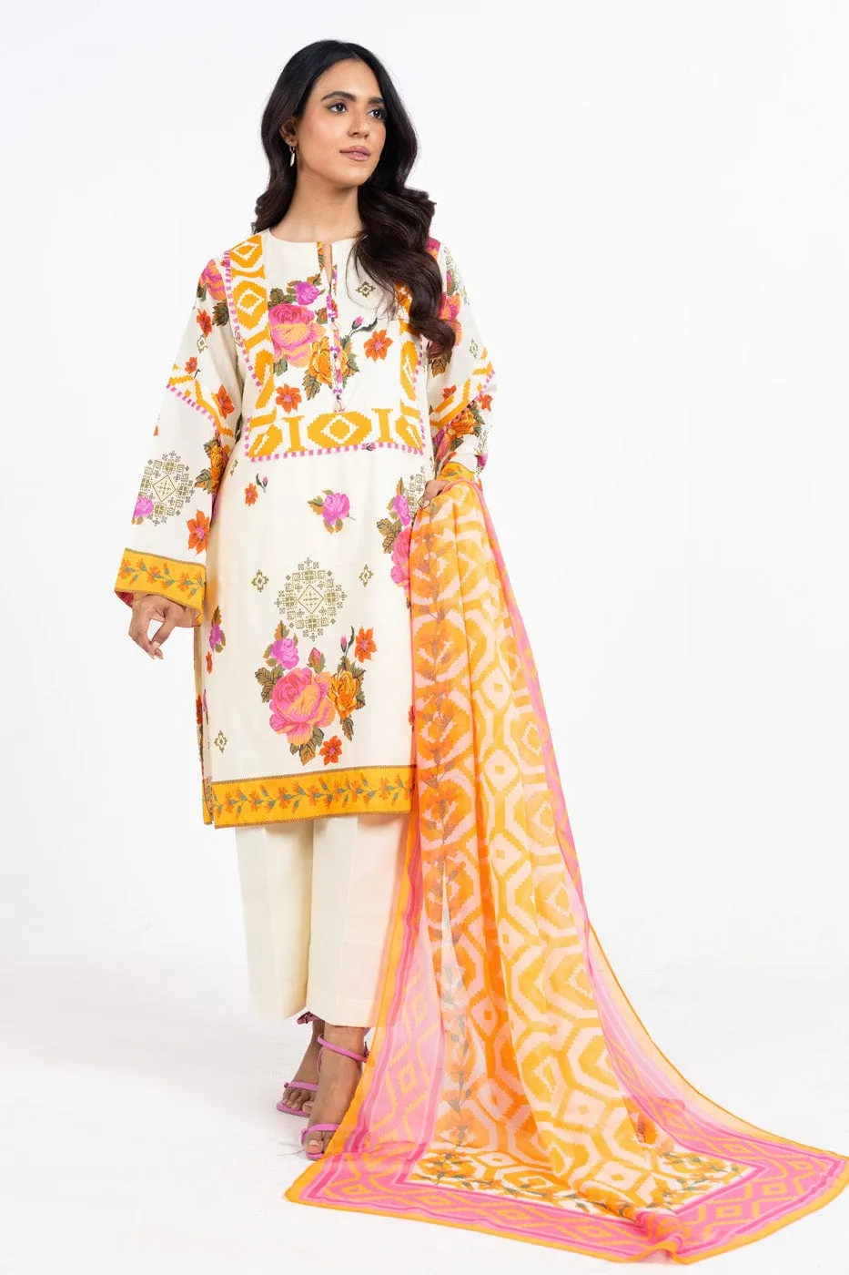 3 Pc Printed Lawn Suit With Poly Chiffon Dupatta