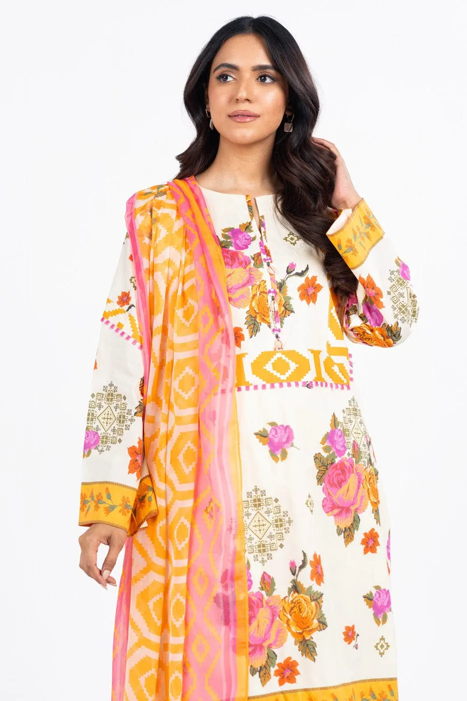 3 Pc Printed Lawn Suit With Poly Chiffon Dupatta