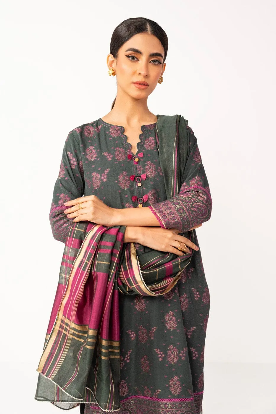 3 Pc Viscose Jacquard Suit With Yarn Dyed Dupatta