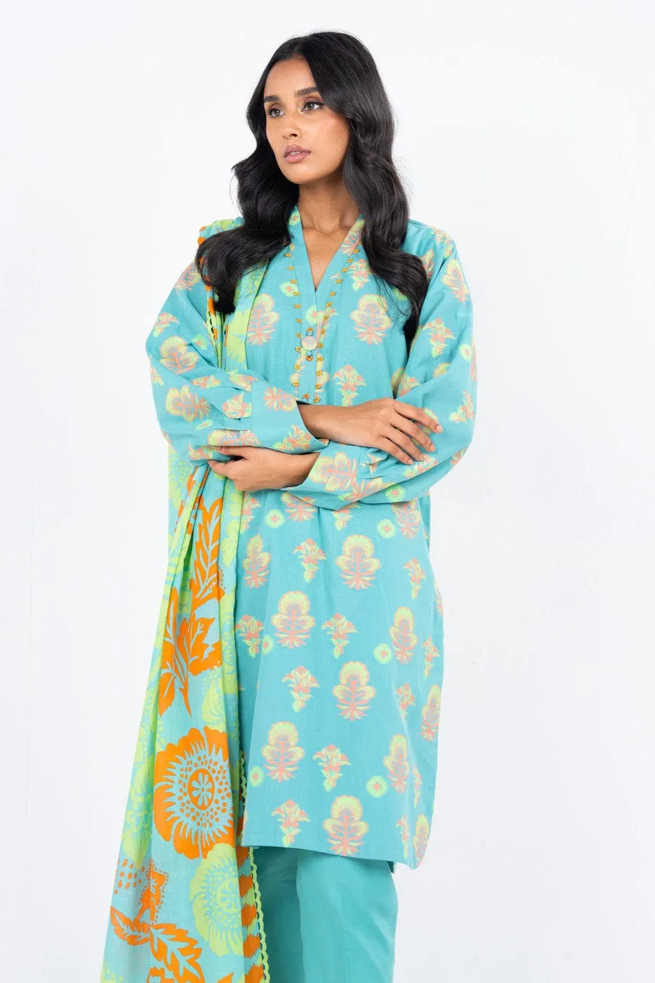 3 Pc Woven Neon Jacquard Suit With Lawn Dupatta