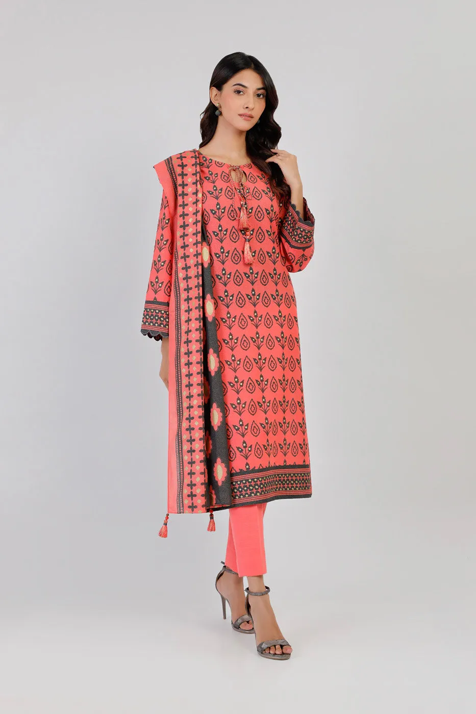 3 Piece Printed Karandi Suit With Karandi Dupatta