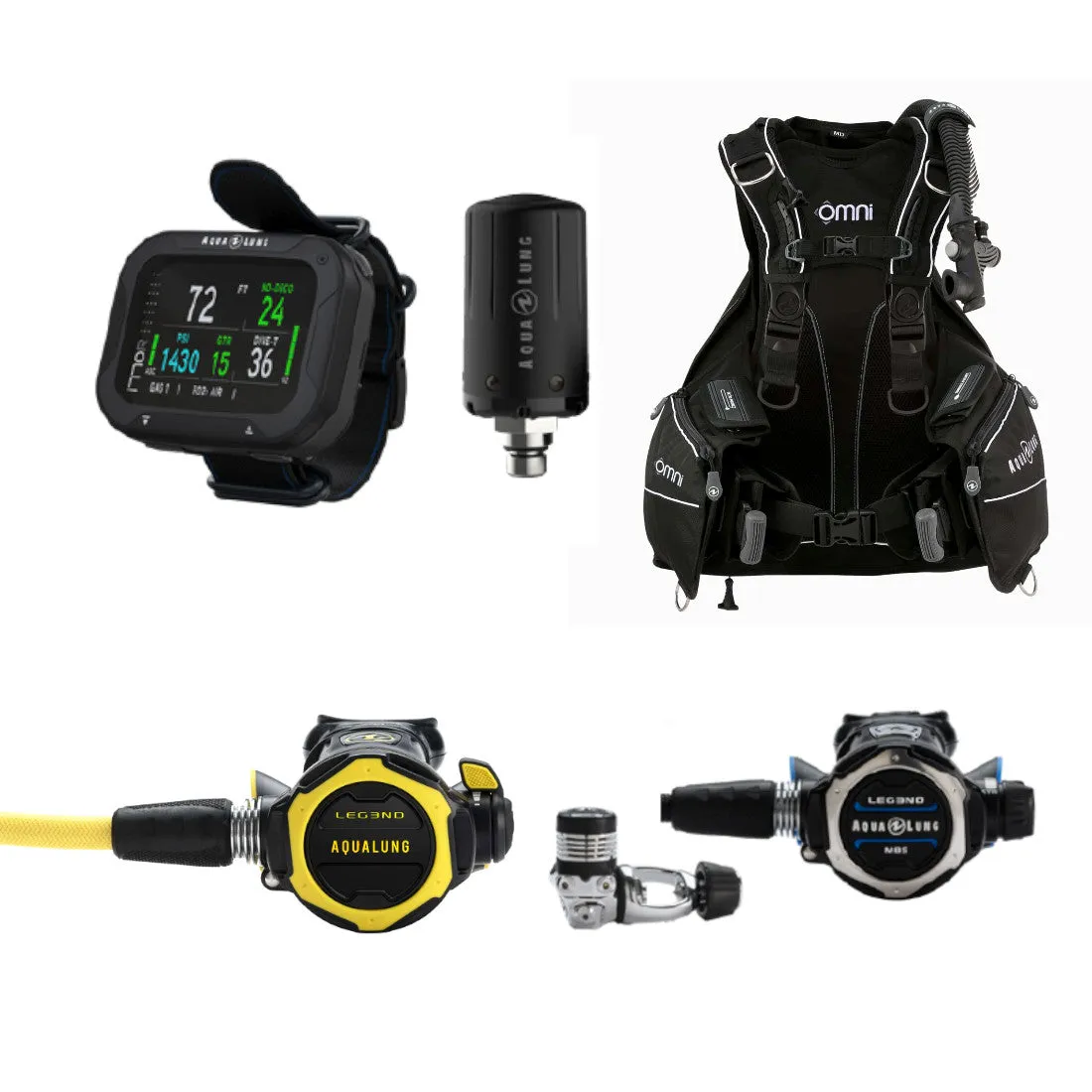 Aqua Lung Premier Omni BCD, Color Kit, Leg3nd MBS Regulator, Leg3nd Octopus, i770R Computer, and Transmitter Scuba Diving Package