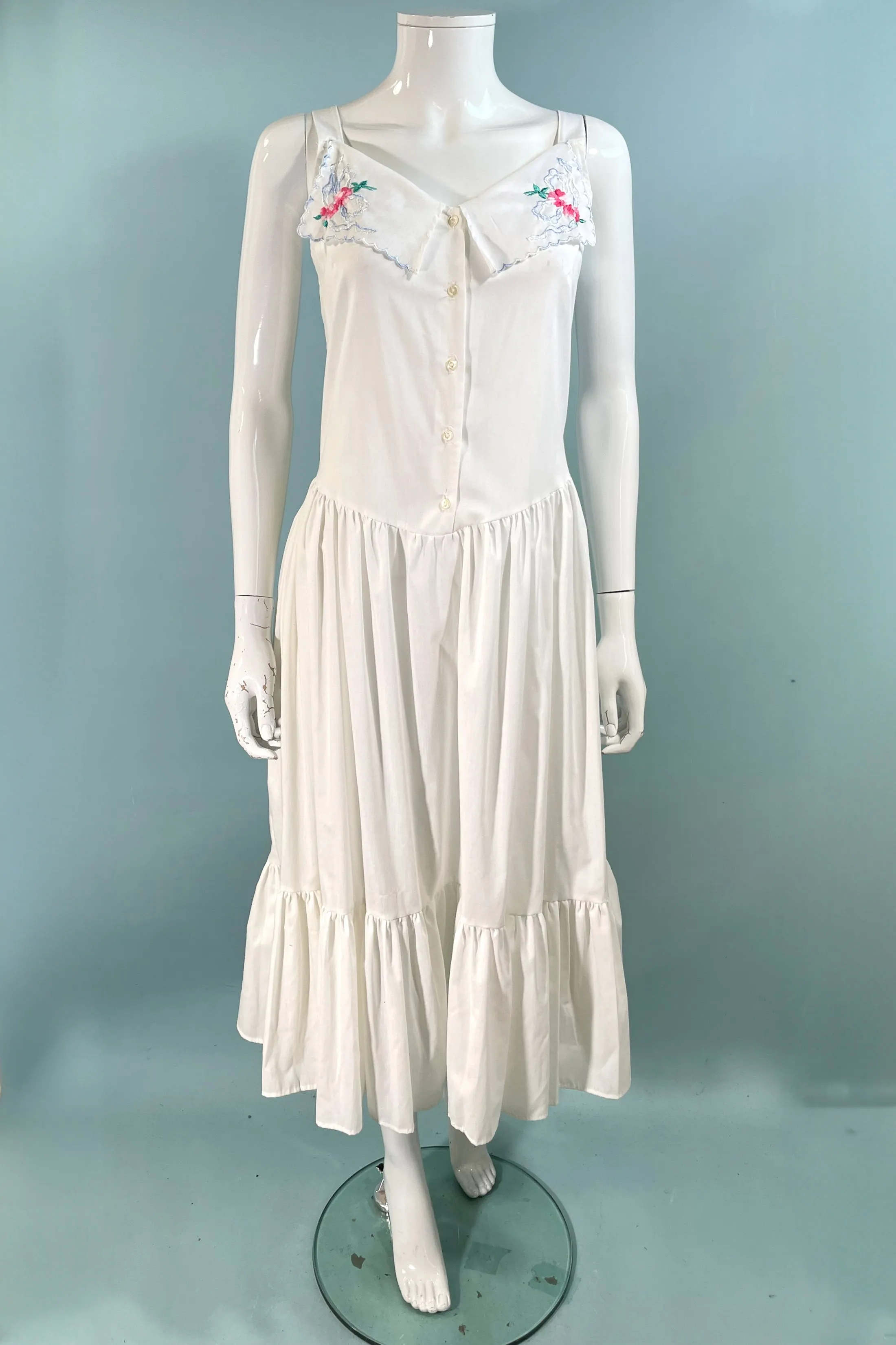 Avon Fashions Vintage White Summer Prairie Dress, Embroidered Collar SZ 7/8