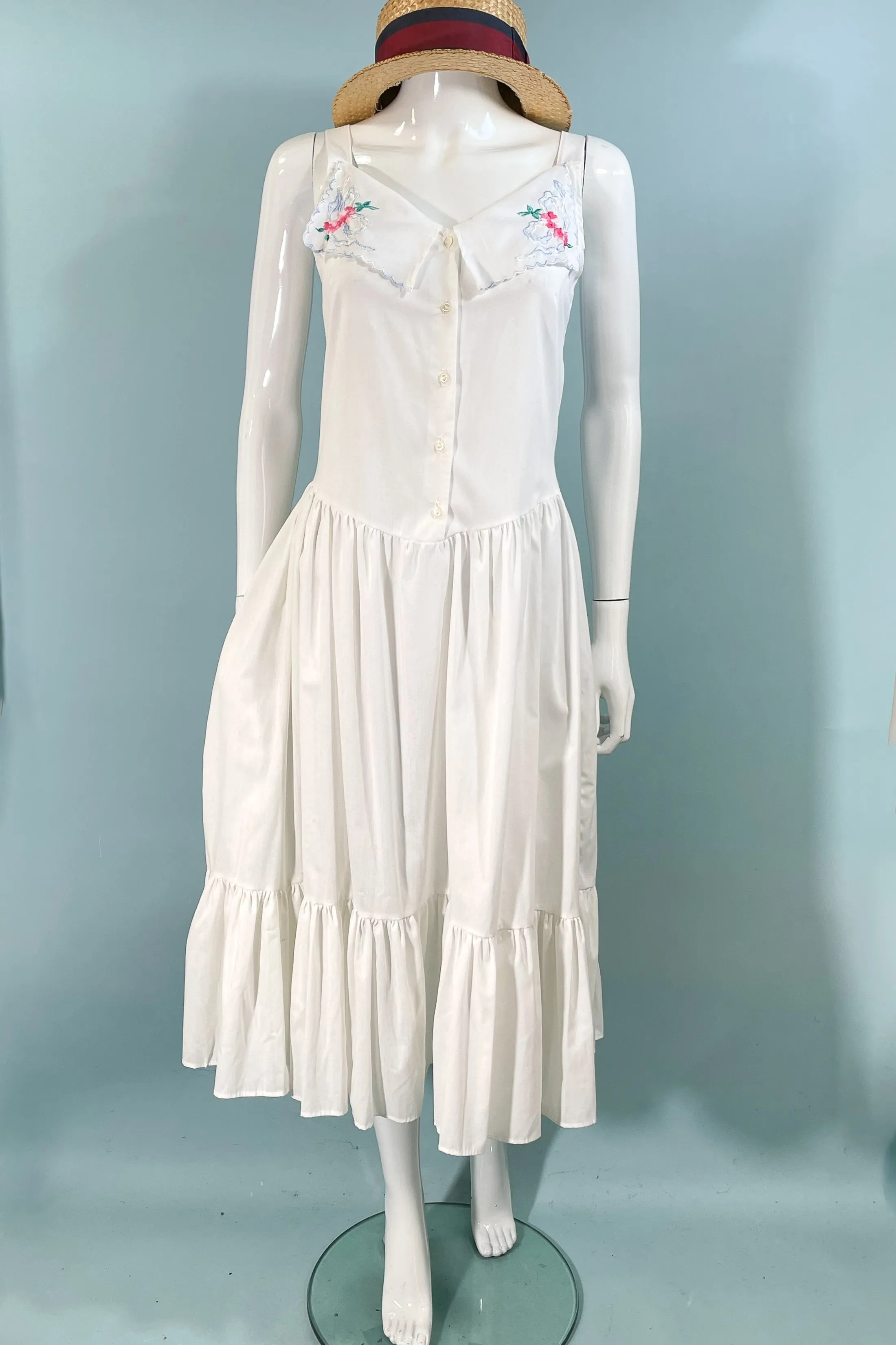 Avon Fashions Vintage White Summer Prairie Dress, Embroidered Collar SZ 7/8