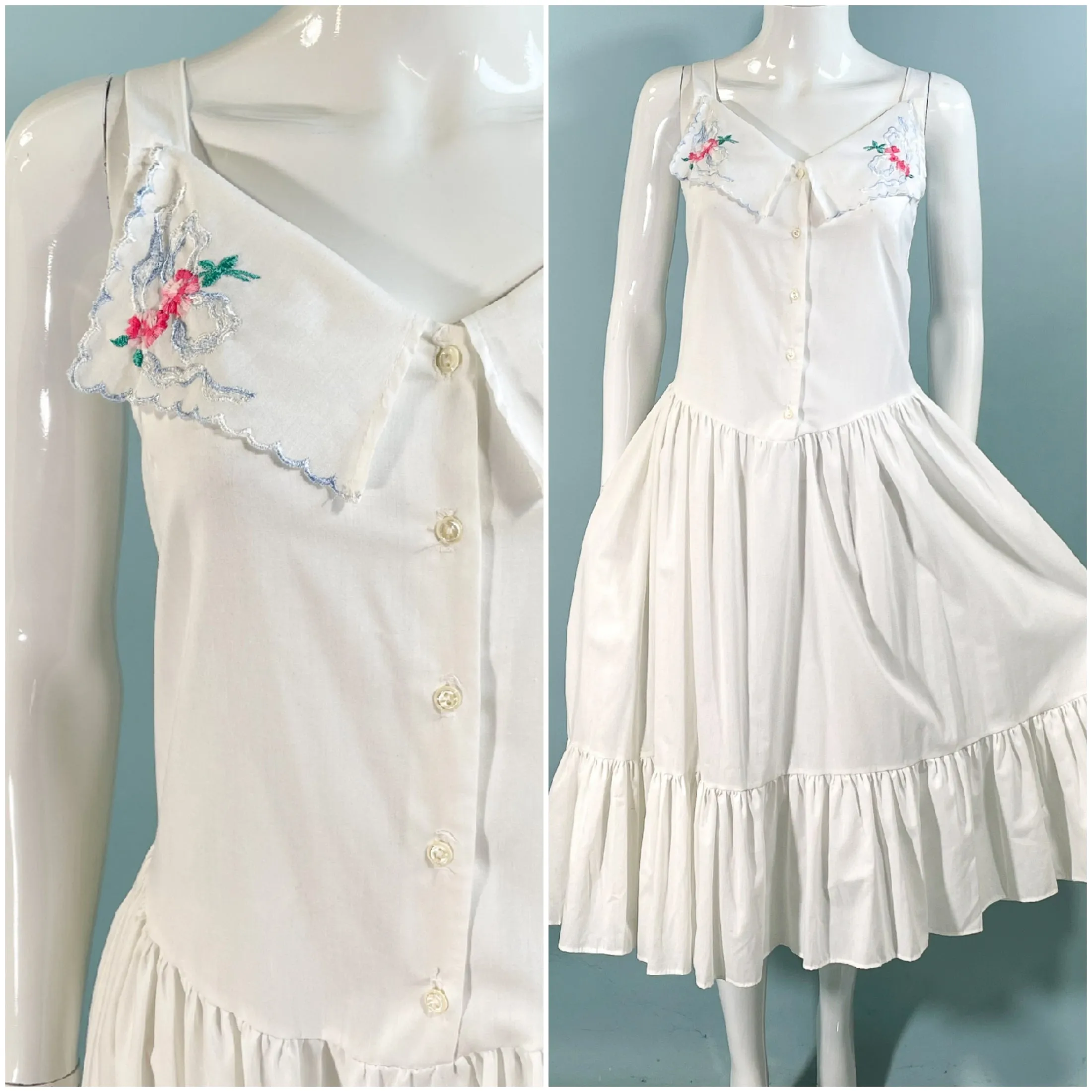 Avon Fashions Vintage White Summer Prairie Dress, Embroidered Collar SZ 7/8