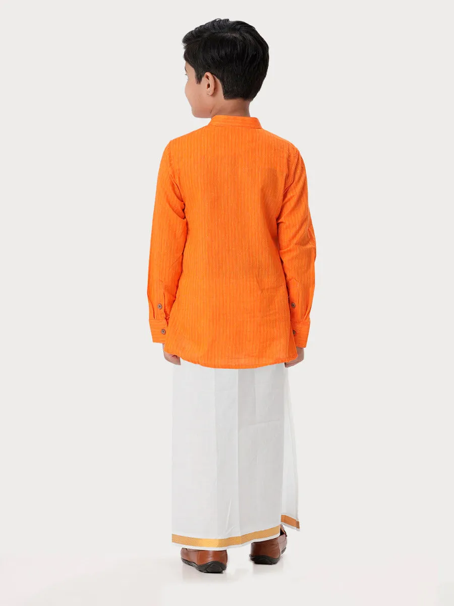 Boys Breeze Cotton Full Sleeves Orange Kurta with Dhoti Combo