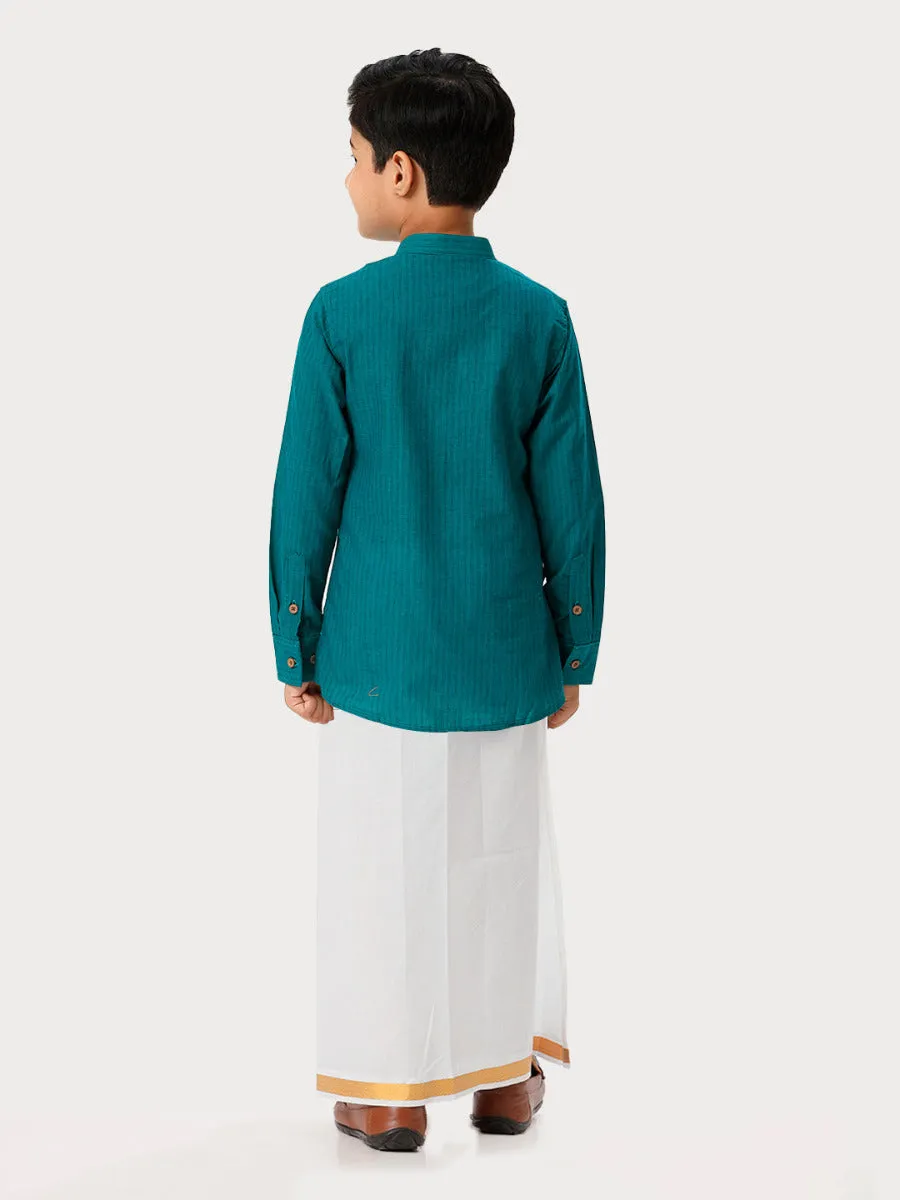 Boys Breeze Cotton Full Sleeves Peacock Green Kurta with Dhoti Combo