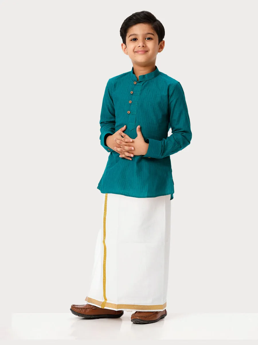 Boys Breeze Cotton Full Sleeves Peacock Green Kurta with Dhoti Combo