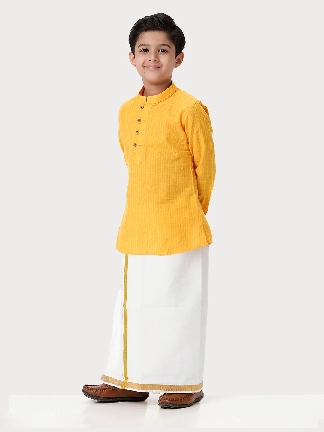 Boys Breeze Cotton Full Sleeves Yellow Kurta with Dhoti Combo