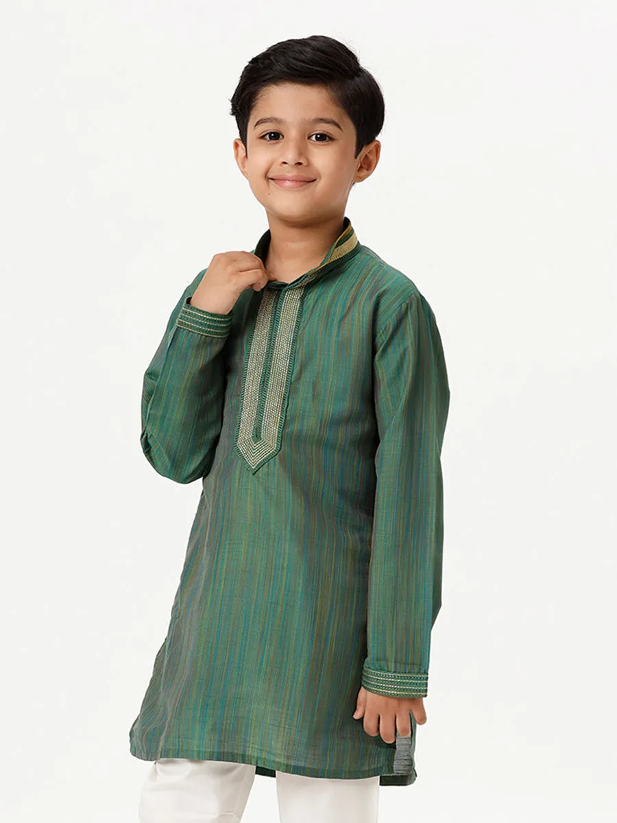 Boys Cotton Embellished Neckline Full Sleeves Dark Green Kurta