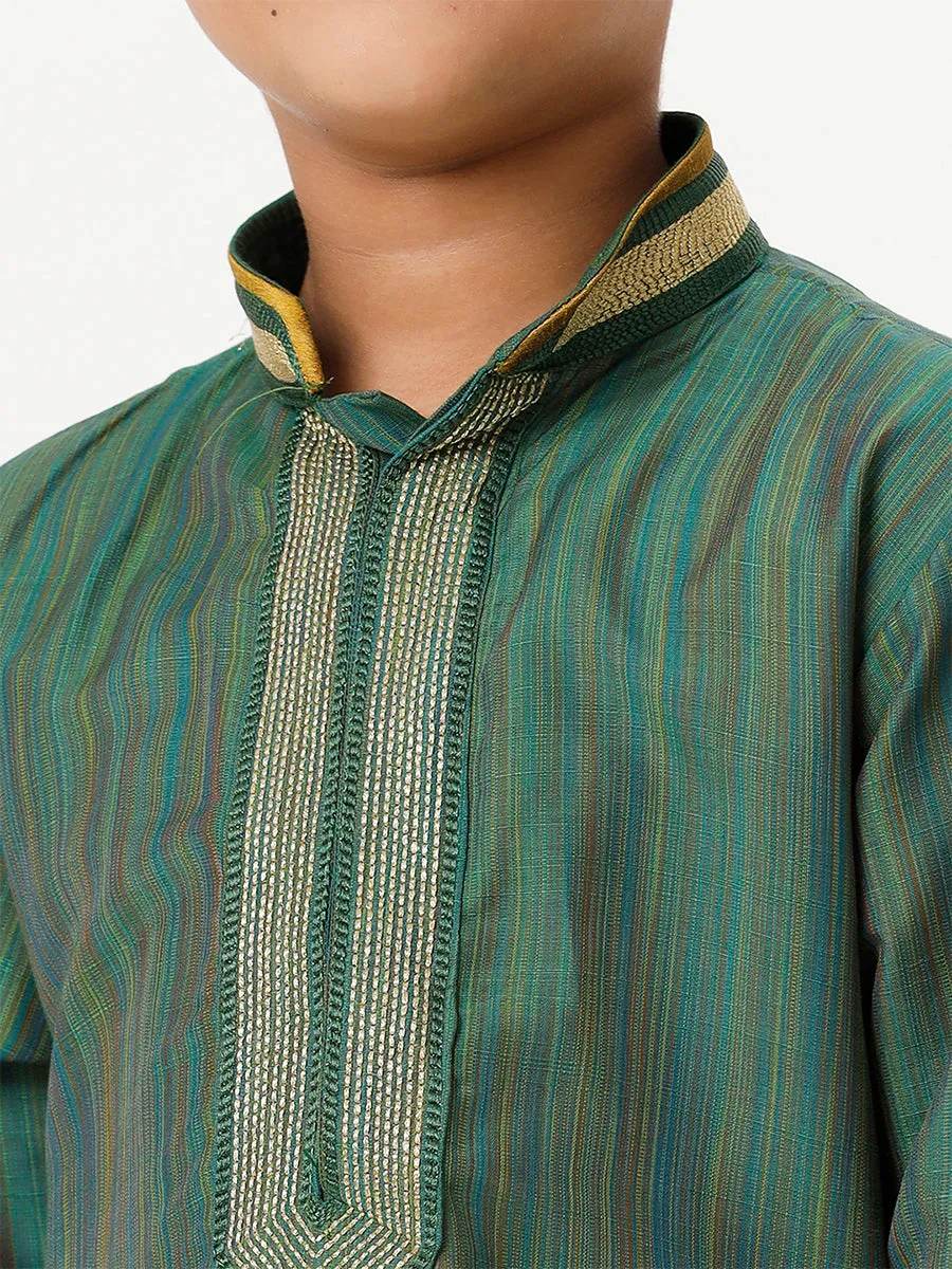 Boys Cotton Embellished Neckline Full Sleeves Dark Green Kurta