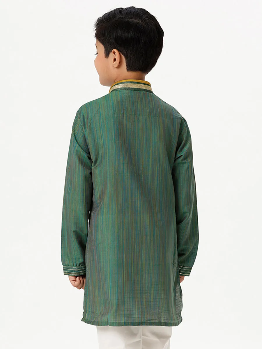 Boys Cotton Embellished Neckline Full Sleeves Dark Green Kurta