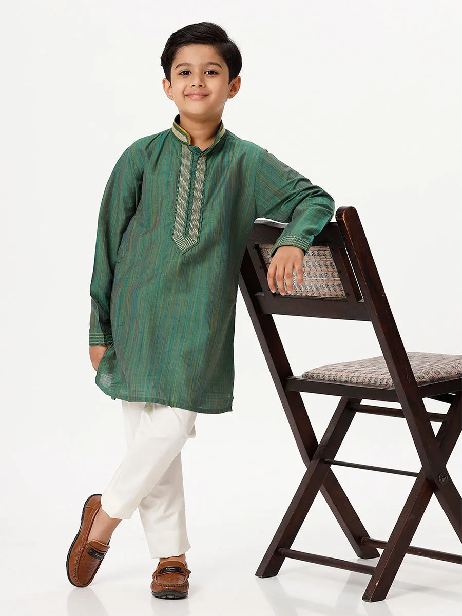 Boys Cotton Embellished Neckline Full Sleeves Dark Green Kurta