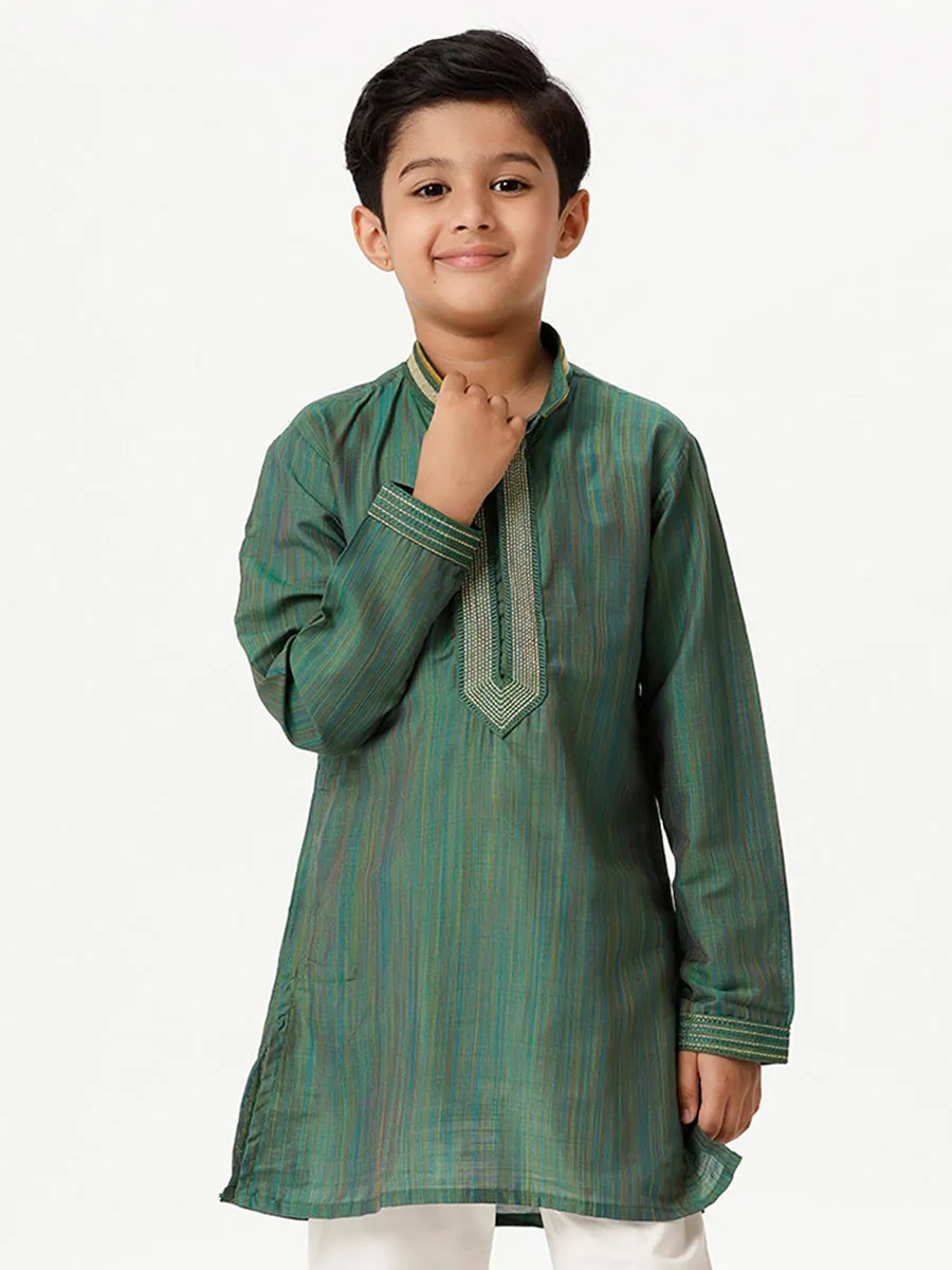 Boys Cotton Embellished Neckline Full Sleeves Dark Green Kurta