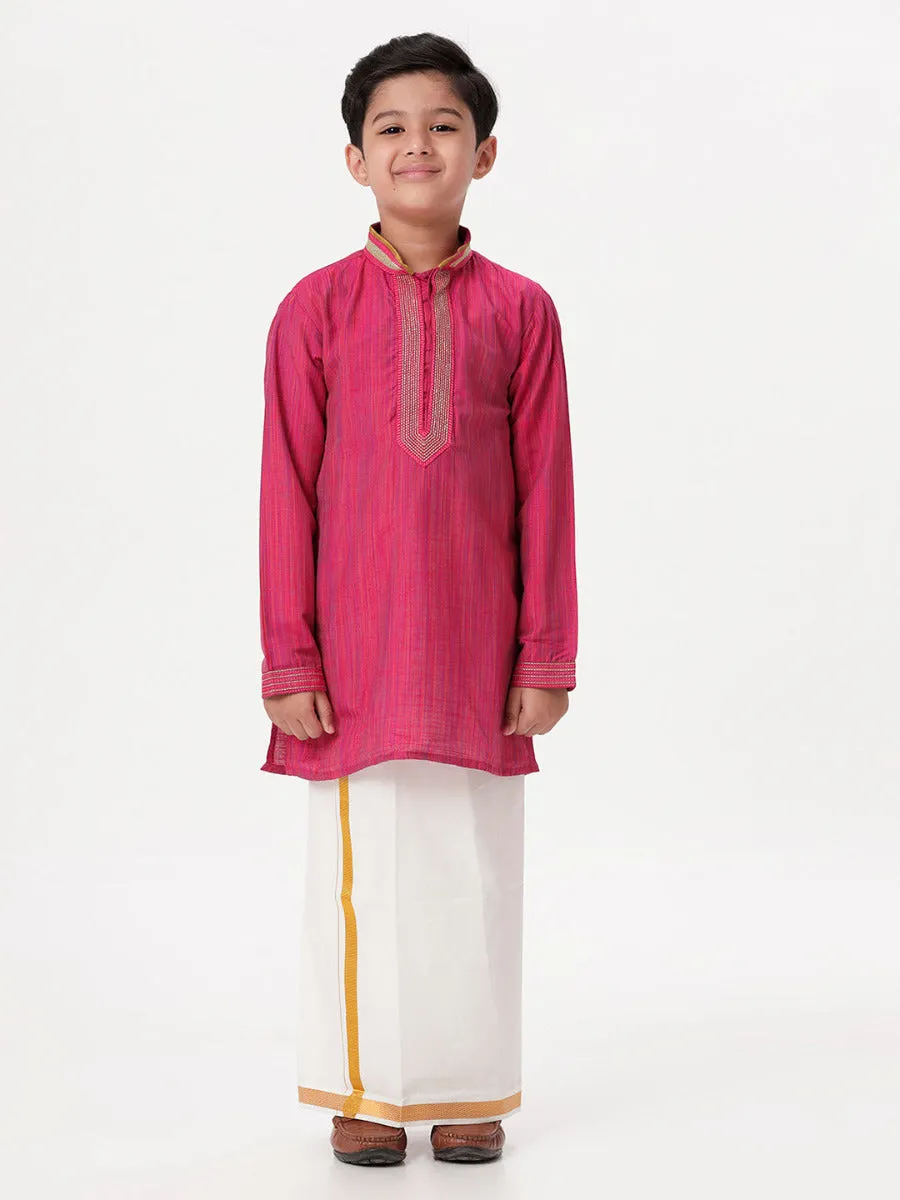 Boys Cotton Embellished Neckline Full Sleeves Dark Pink Kurta with Dhoti Combo