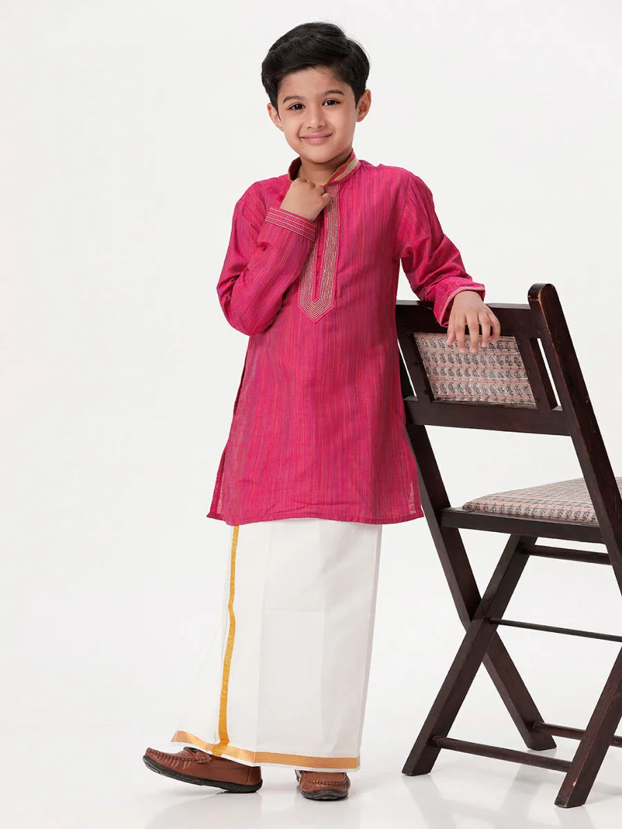 Boys Cotton Embellished Neckline Full Sleeves Dark Pink Kurta with Dhoti Combo