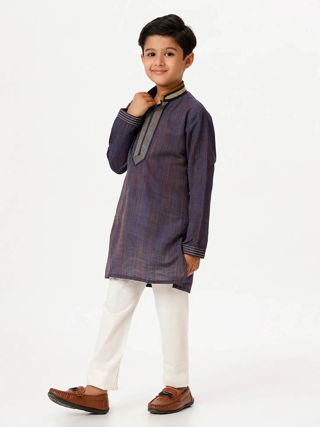 Boys Cotton Embellished Neckline Full Sleeves Navy Kurta with Pyjama Pant Combo EMD6