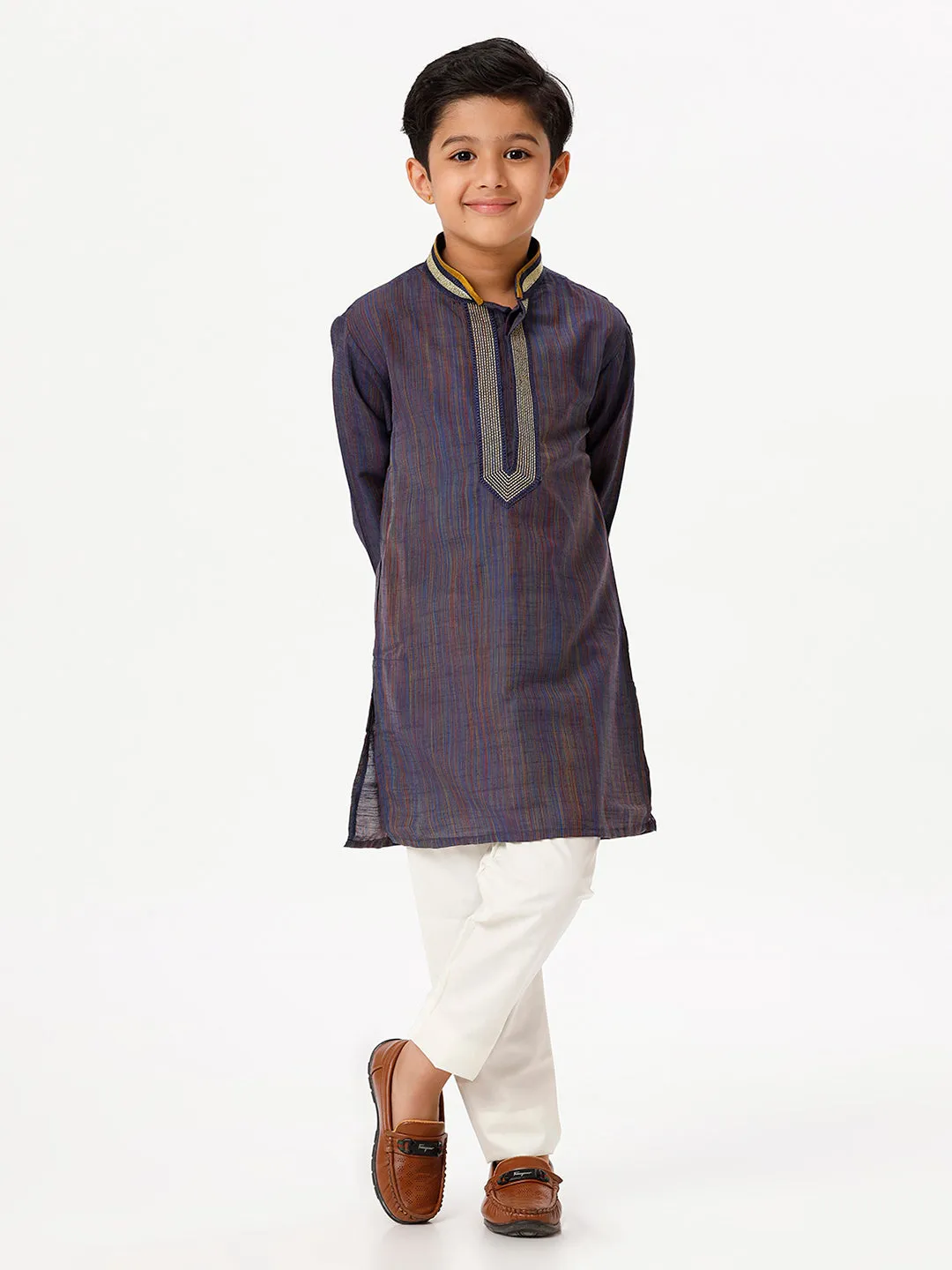 Boys Cotton Embellished Neckline Full Sleeves Navy Kurta with Pyjama Pant Combo EMD6