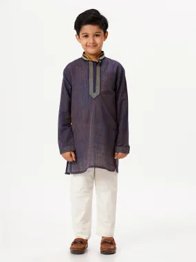 Boys Cotton Embellished Neckline Full Sleeves Navy Kurta with Pyjama Pant Combo EMD6