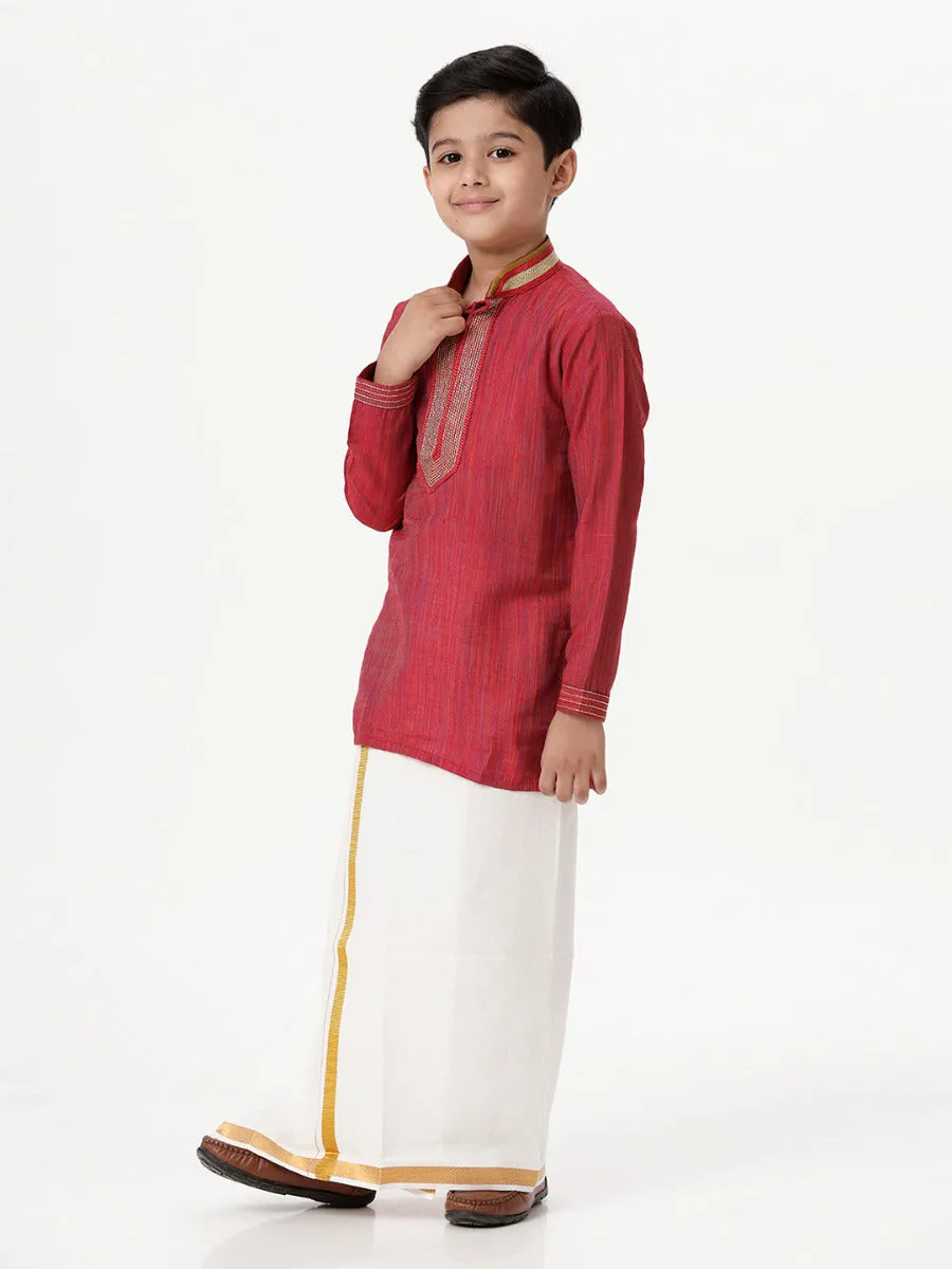 Boys Cotton Embellished Neckline Full Sleeves Red Kurta with Dhoti Combo