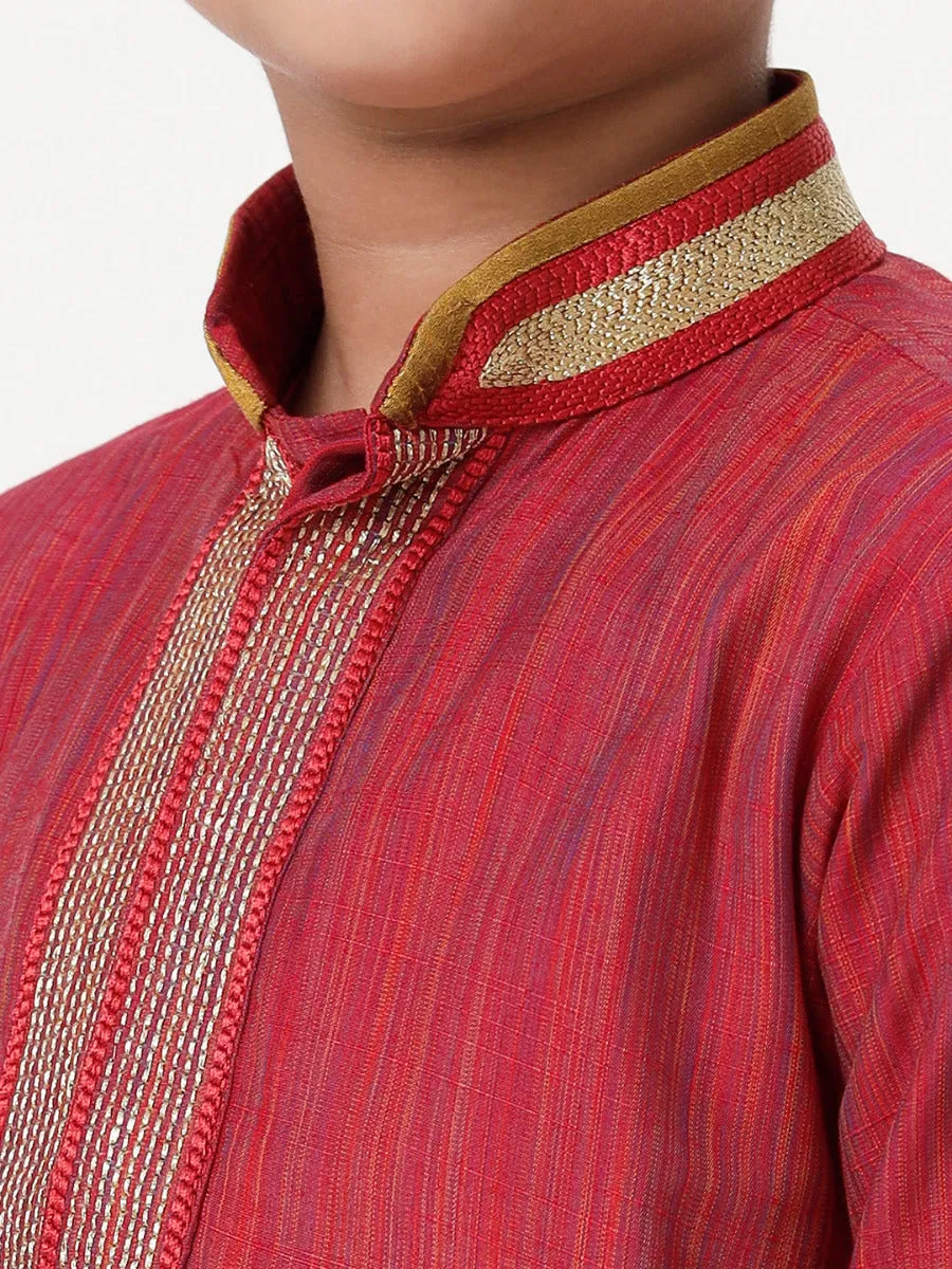 Boys Cotton Embellished Neckline Full Sleeves Red Kurta with Dhoti Combo