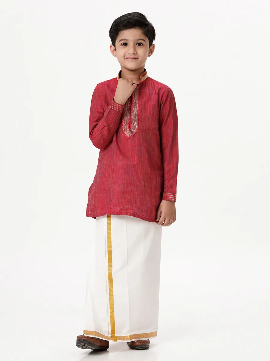 Boys Cotton Embellished Neckline Full Sleeves Red Kurta with Dhoti Combo