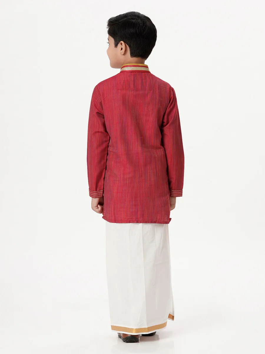 Boys Cotton Embellished Neckline Full Sleeves Red Kurta with Dhoti Combo