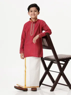 Boys Cotton Embellished Neckline Full Sleeves Red Kurta with Dhoti Combo