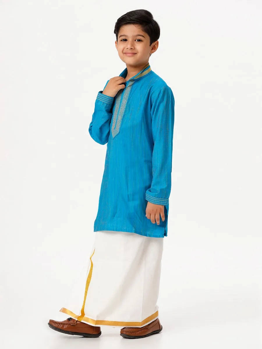 Boys Cotton Embellished Neckline Full Sleeves Sky Blue Kurta with Dhoti Combo