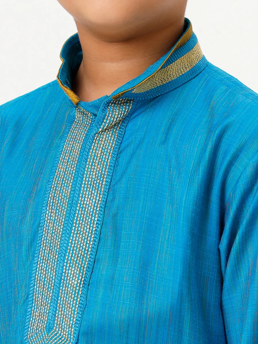 Boys Cotton Embellished Neckline Full Sleeves Sky Blue Kurta with Dhoti Combo