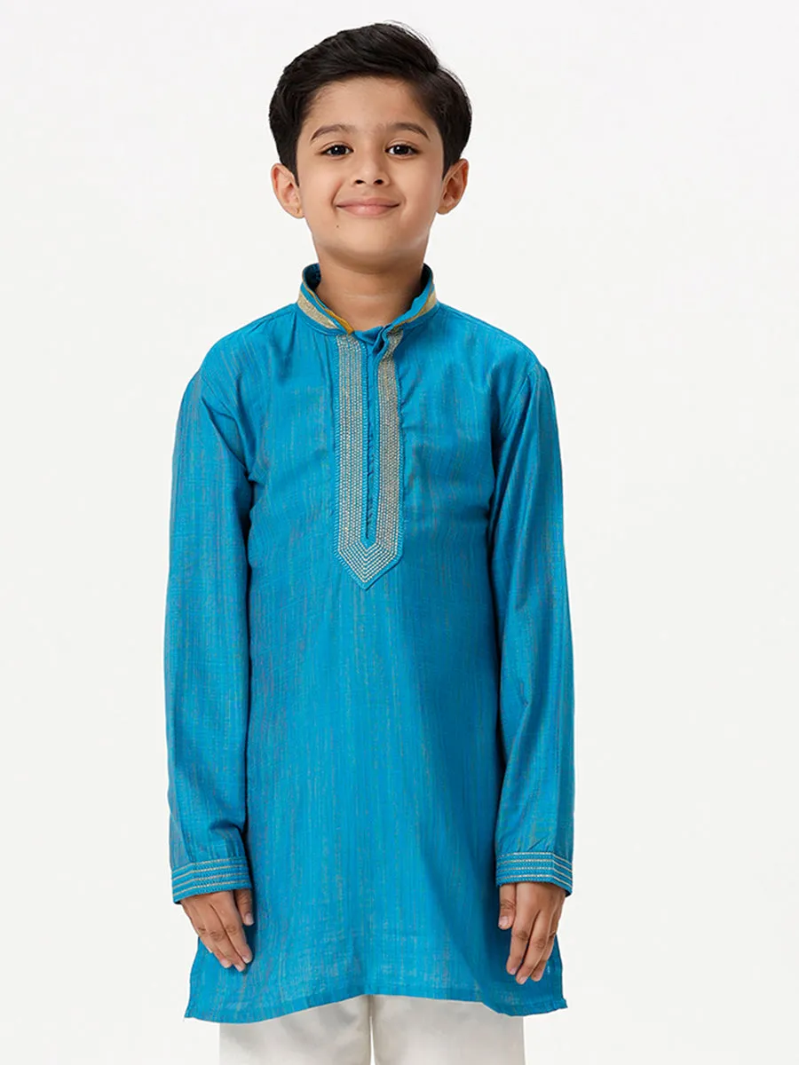 Boys Cotton Embellished Neckline Full Sleeves Sky Blue Kurta