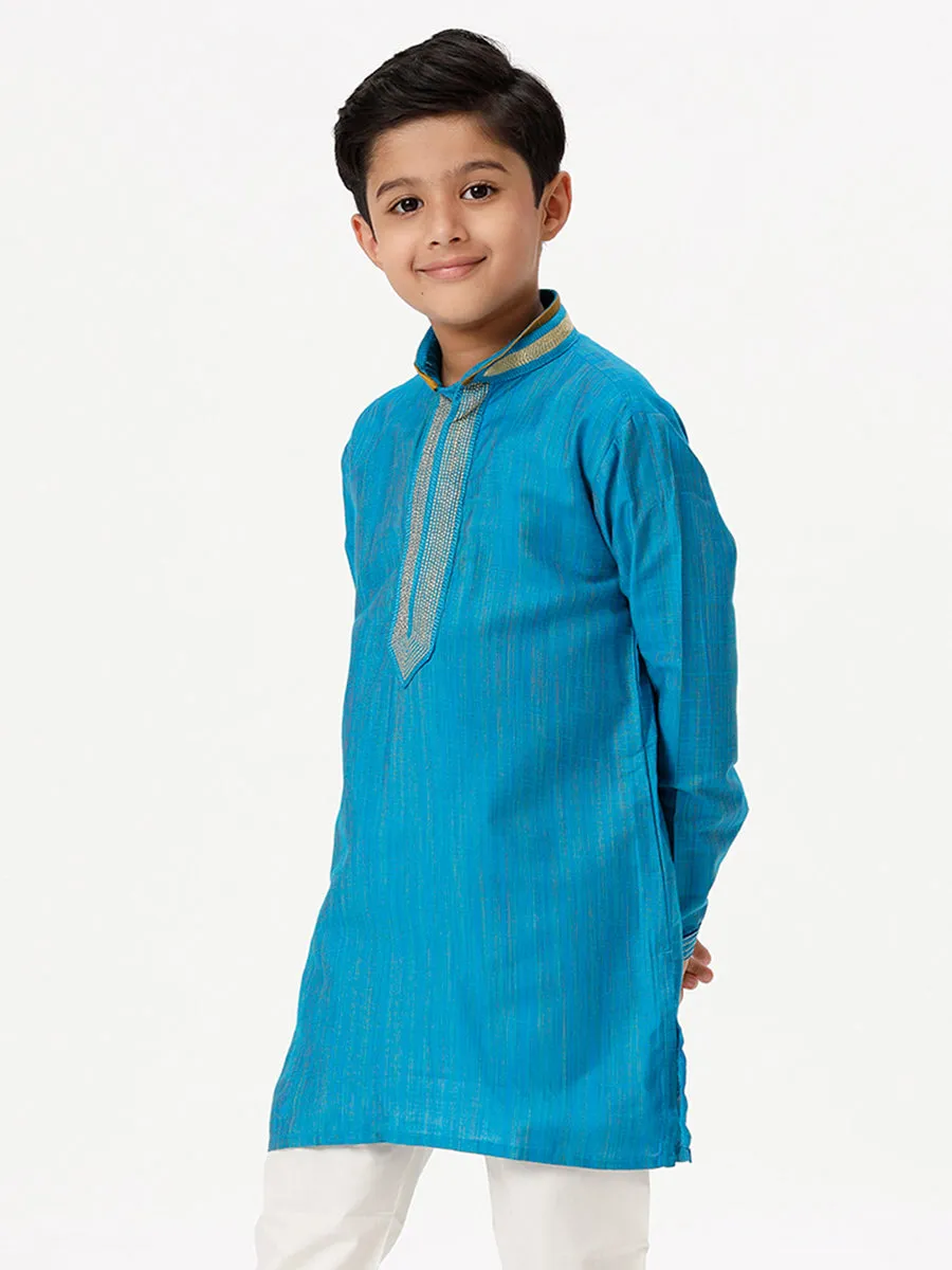 Boys Cotton Embellished Neckline Full Sleeves Sky Blue Kurta