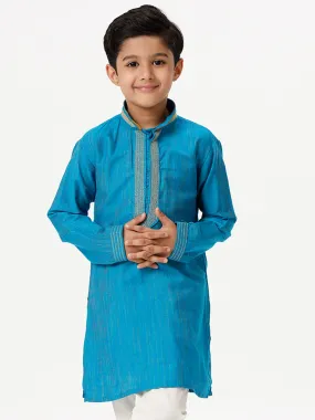 Boys Cotton Embellished Neckline Full Sleeves Sky Blue Kurta