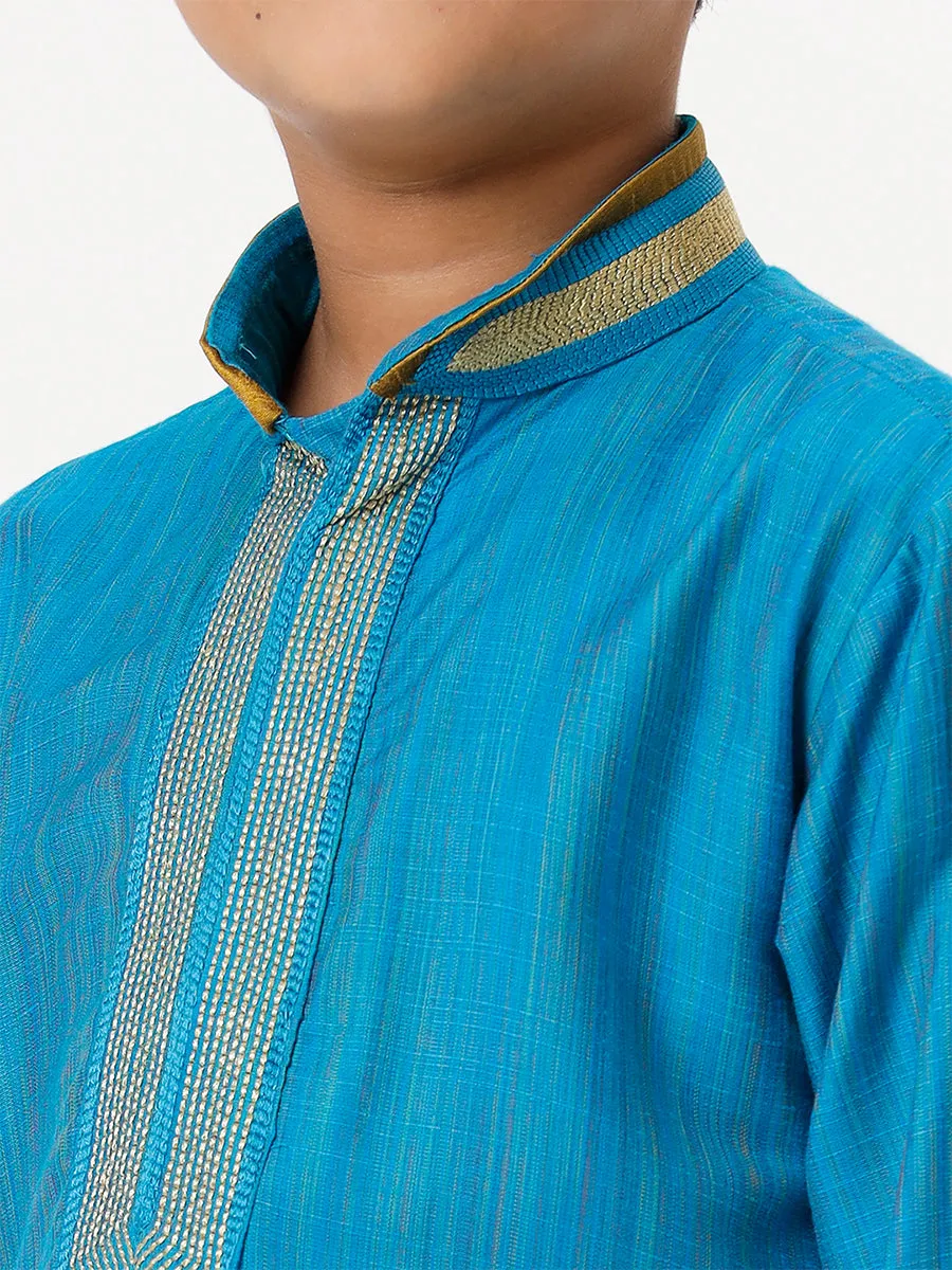 Boys Cotton Embellished Neckline Full Sleeves Sky Blue Kurta