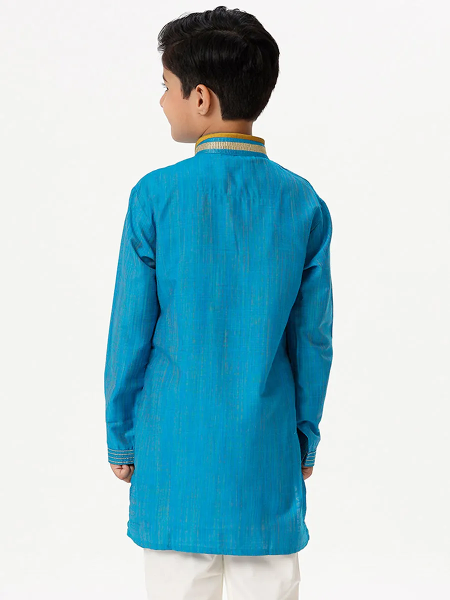 Boys Cotton Embellished Neckline Full Sleeves Sky Blue Kurta