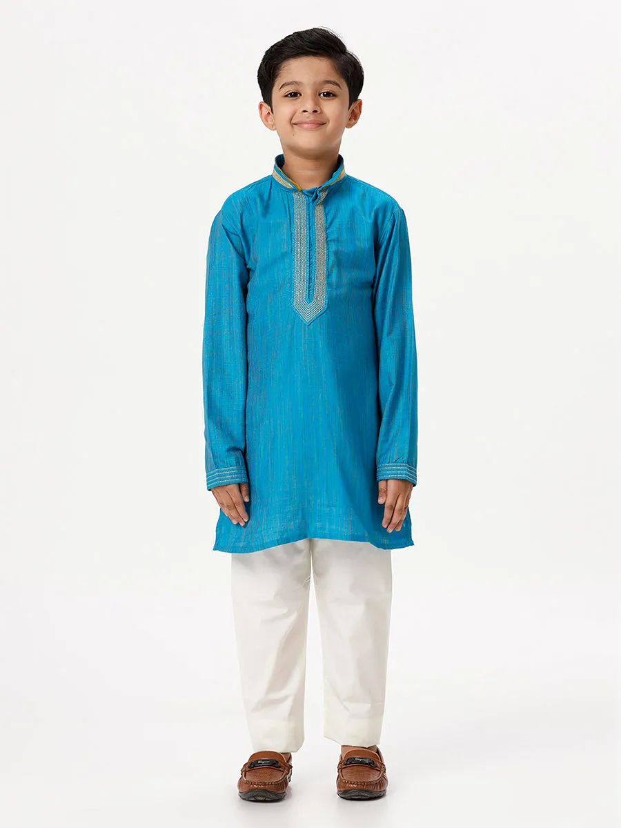 Boys Cotton Embellished Neckline Full Sleeves Sky Blue Kurta